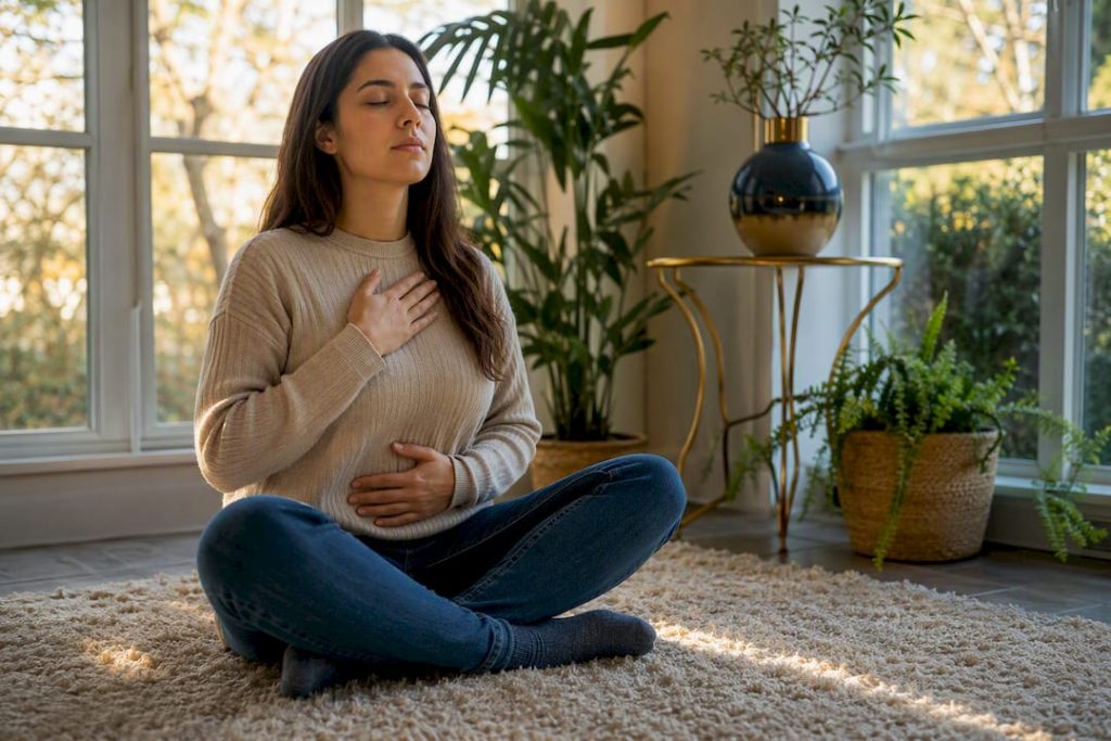 Woman practicing calming belly breathing at home