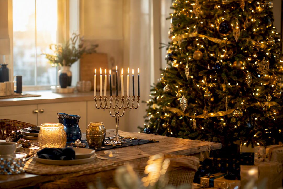 Mixed holiday decorations in blended family room