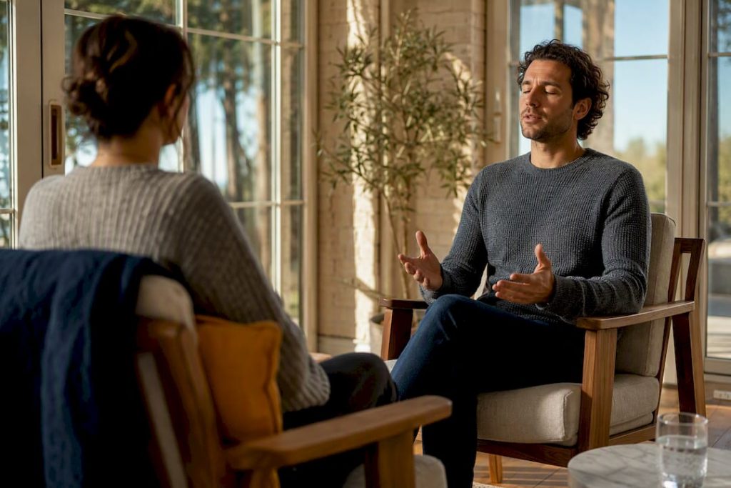 Couple pausing during tense conversation