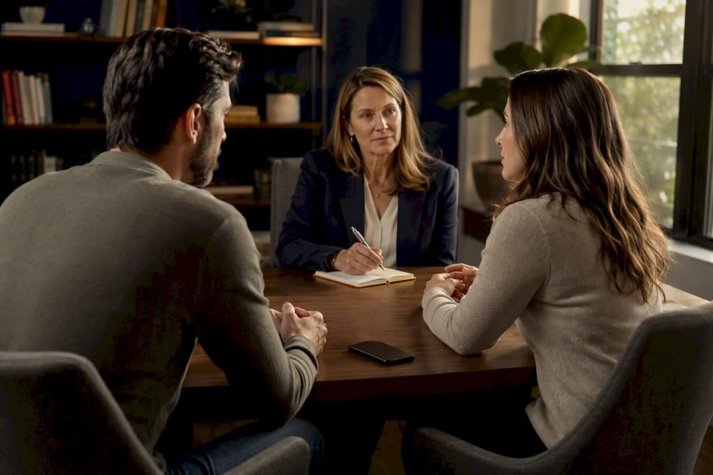 Couple discussing boundaries with therapist