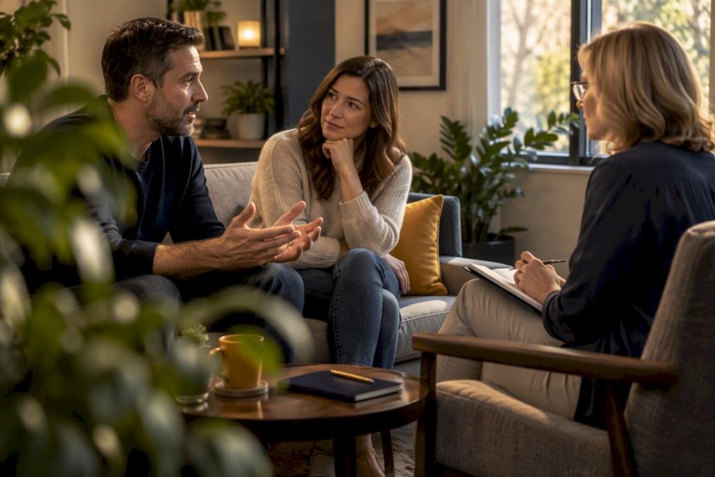 Couple discussing betrayal recovery with therapist