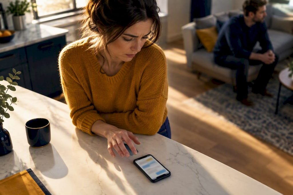 Woman pausing before checking phone