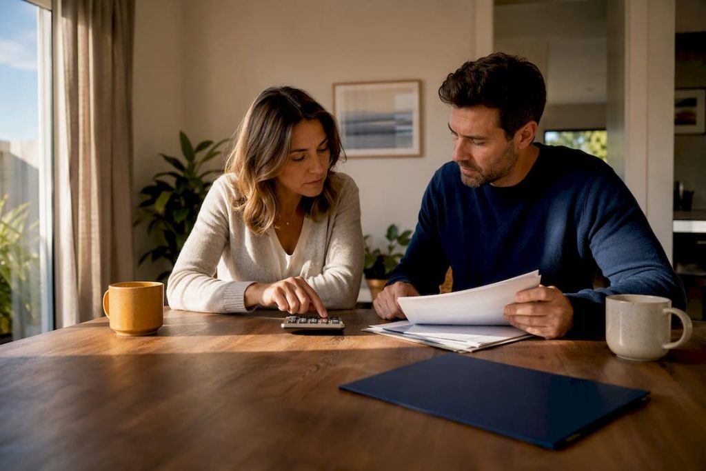 Couple calmly reviewing household finances
