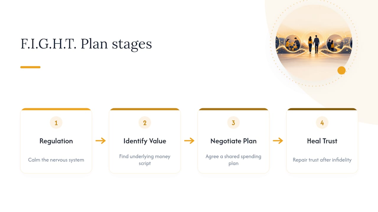 Four stages of the FIGHT Plan for money conflicts