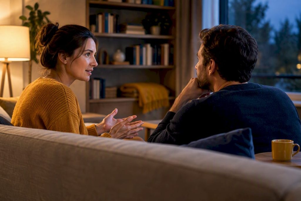 Parents calmly discussing a bedtime rule