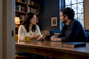 Couple discussing marriage boundaries at home