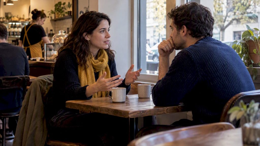 Engaged couple discussing relationship questions
