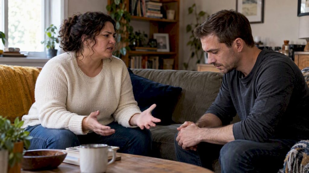 Couple pausing during a tense disagreement