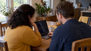 Couple comparing online marriage course options