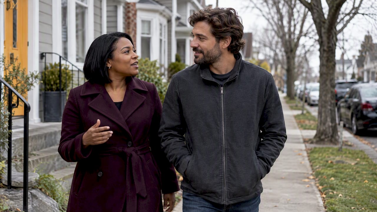 Couple walking side by side on a residential street